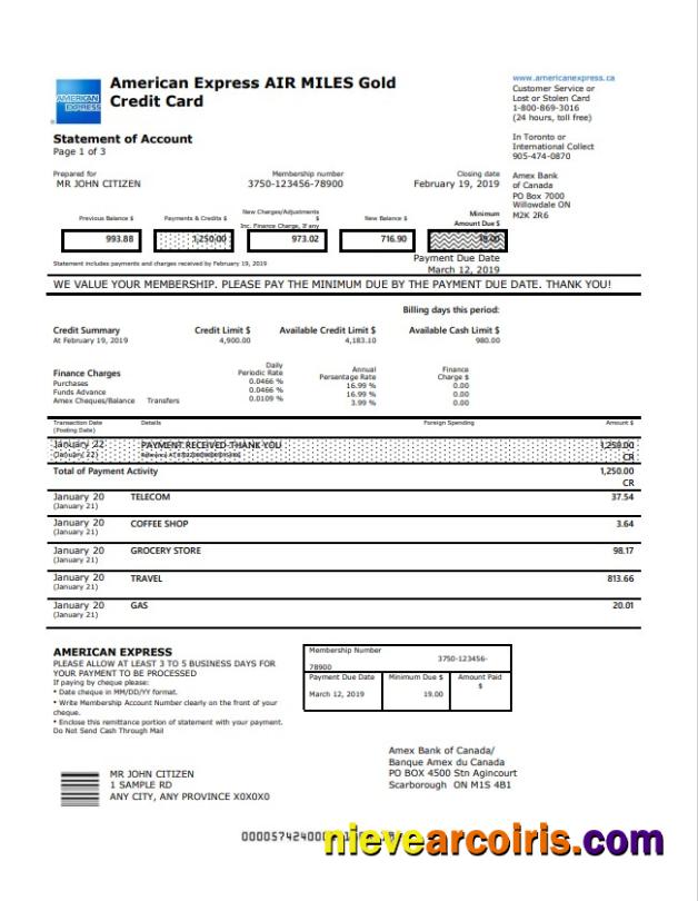Canada American Express Air Miles Gold Credit Card account statement
